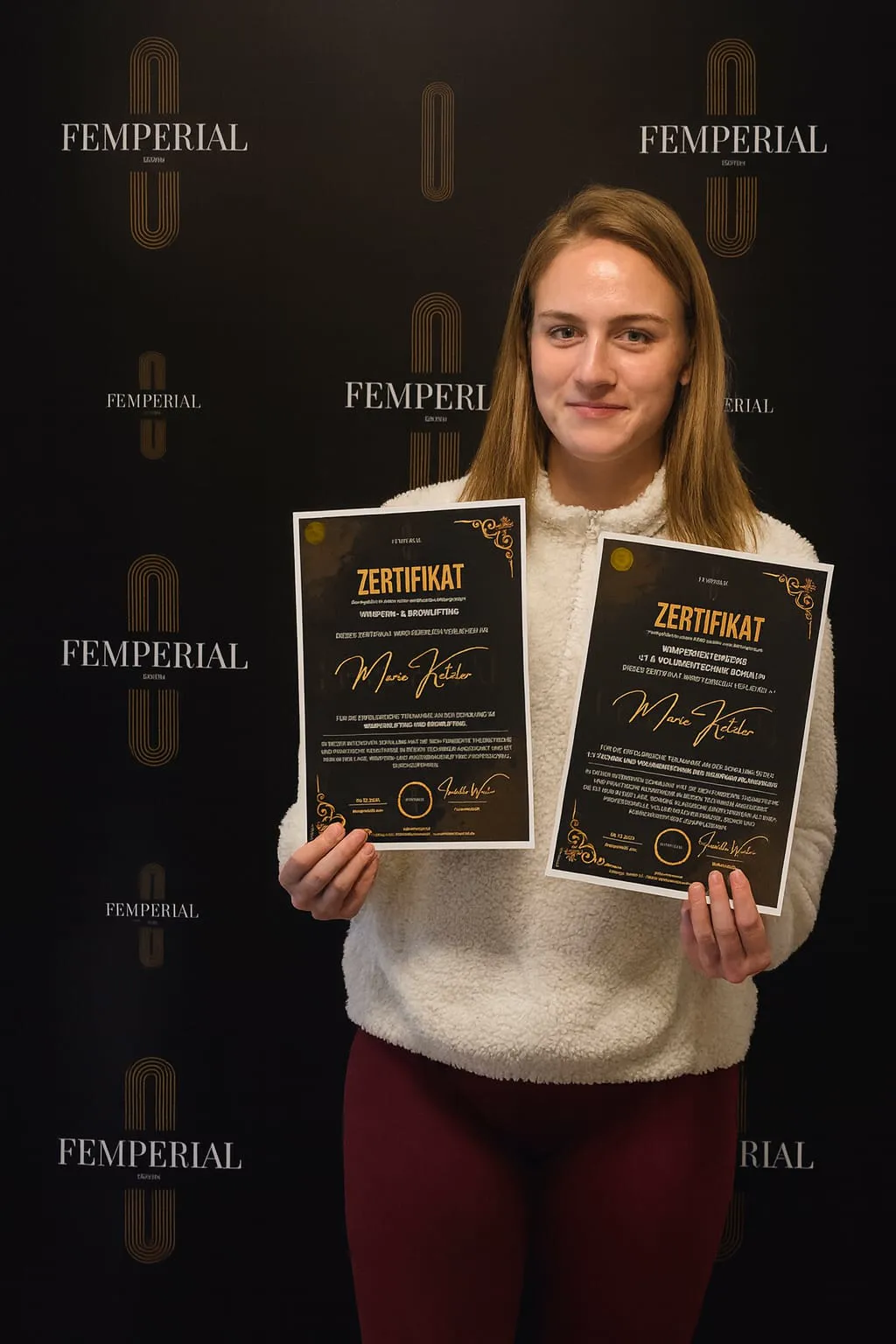 Marie, Absolventin bei Salon Femperial, mit ihren Zertifikaten