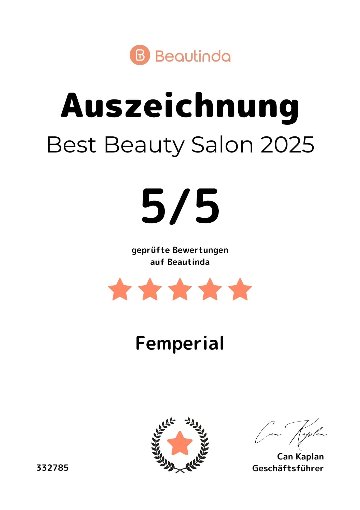Urkunde Best Beautysalon 2025 von Beautinda für Salon Femperial