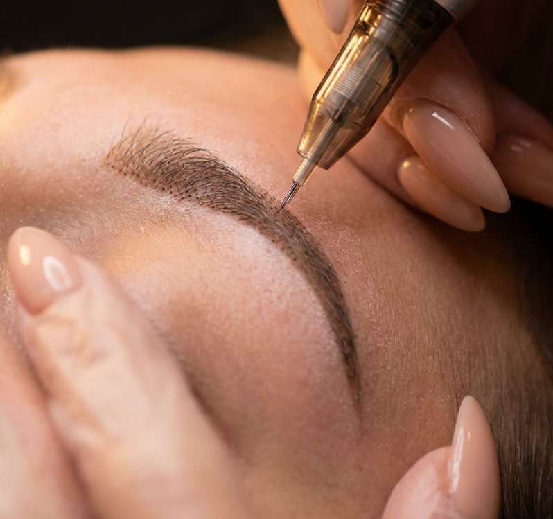 Permanent Make-up Behandlung der Augenbraue in Nahaufnahme
