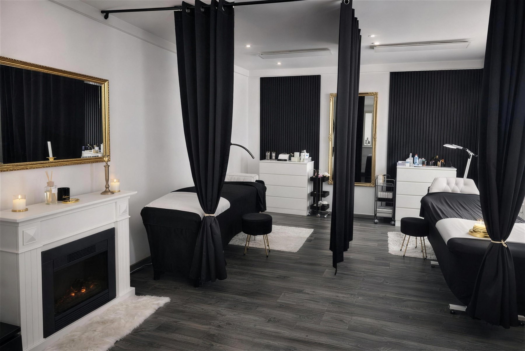Behandlungsraum im Salon Femperial mit Kamin und Wimpernbetten
