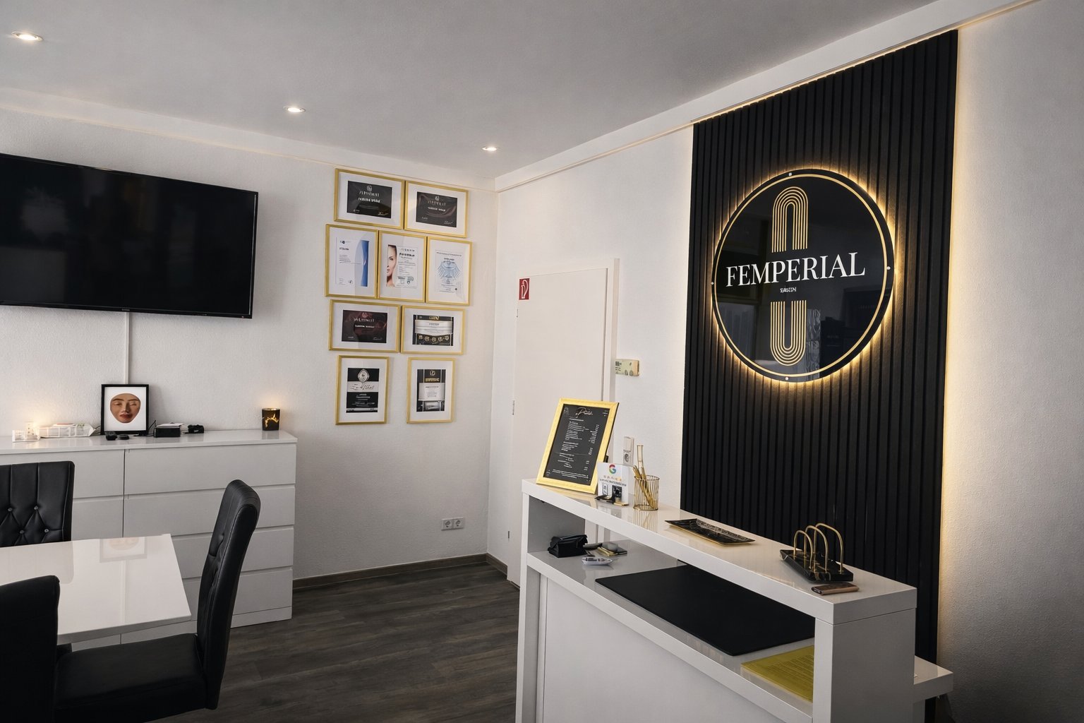 Empfangsbereich mit beleuchtetem Femperial-Logo